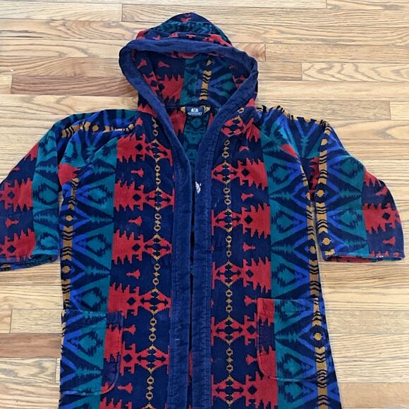 Vintage Bath Robe Cotton Terry Cloth Aztec Southwest Large Pockets 90s Stafford - Picture 2 of 7